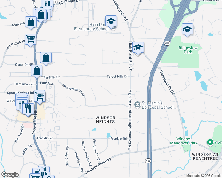 map of restaurants, bars, coffee shops, grocery stores, and more near 510 Forestdale Drive Northeast in Atlanta