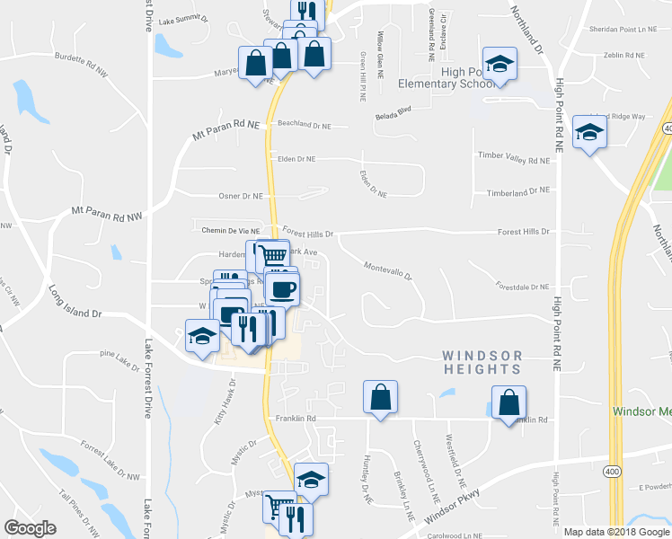 map of restaurants, bars, coffee shops, grocery stores, and more near 315 Montevallo Drive in Sandy Springs