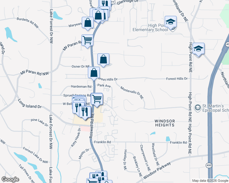 map of restaurants, bars, coffee shops, grocery stores, and more near 315 Montevallo Drive in Sandy Springs