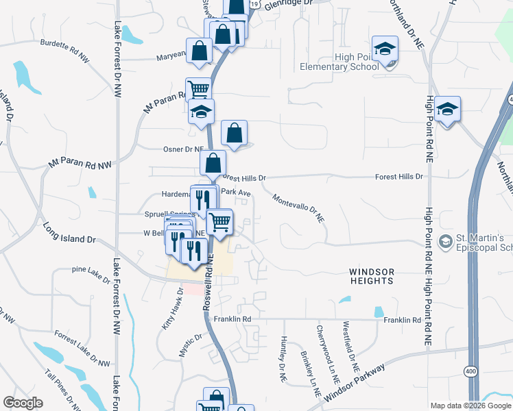 map of restaurants, bars, coffee shops, grocery stores, and more near 315 Montevallo Drive in Sandy Springs