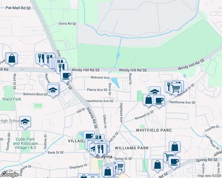 map of restaurants, bars, coffee shops, grocery stores, and more near 1383 Pierce Avenue Southeast in Smyrna