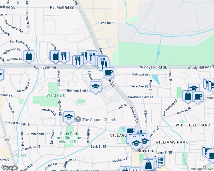 map of restaurants, bars, coffee shops, grocery stores, and more near 1005 Kirkland Circle in Smyrna