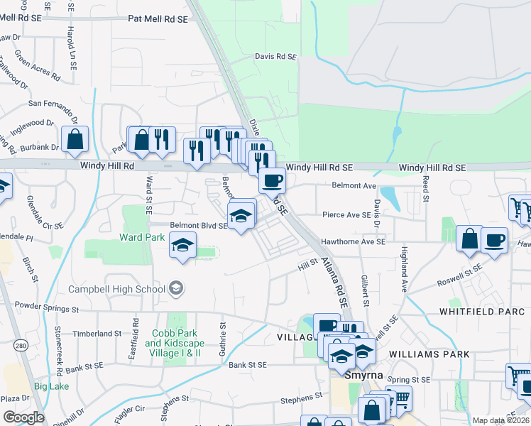 map of restaurants, bars, coffee shops, grocery stores, and more near 1129 Kirkland Circle in Smyrna