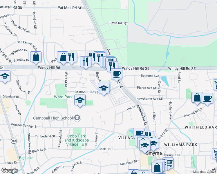 map of restaurants, bars, coffee shops, grocery stores, and more near 1129 Kirkland Circle in Smyrna