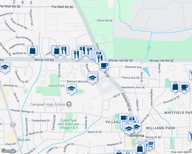 map of restaurants, bars, coffee shops, grocery stores, and more near 1129 Kirkland Circle in Smyrna