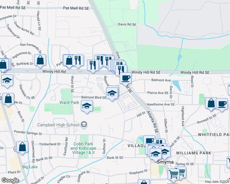 map of restaurants, bars, coffee shops, grocery stores, and more near 400 Belmont Place Southeast in Smyrna