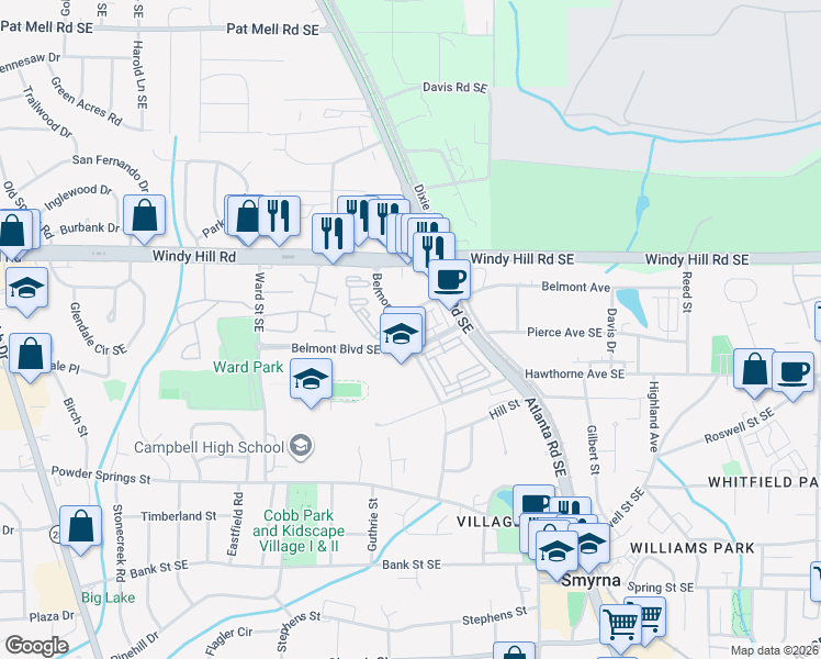 map of restaurants, bars, coffee shops, grocery stores, and more near 400 Belmont Place Southeast in Smyrna