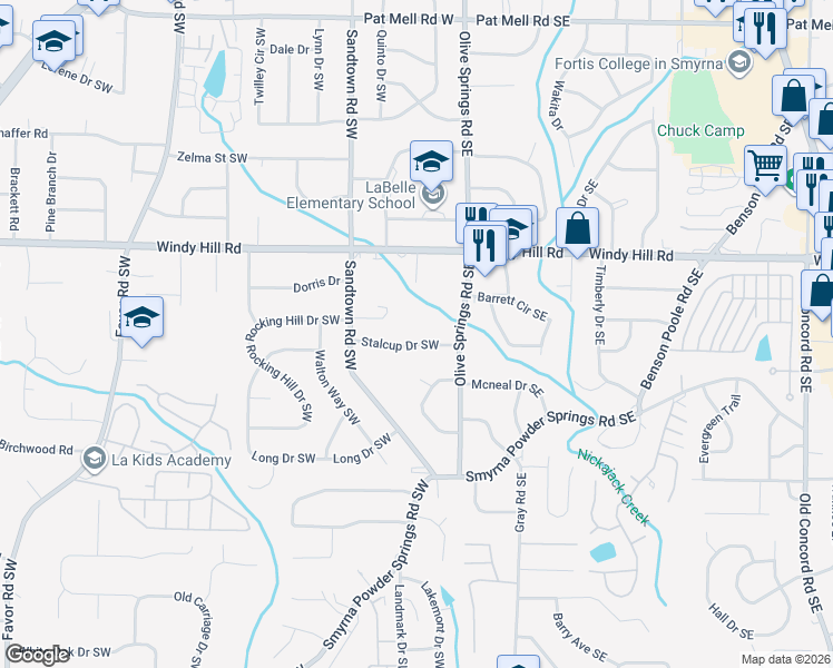map of restaurants, bars, coffee shops, grocery stores, and more near 64 Stalcup Drive Southwest in Marietta