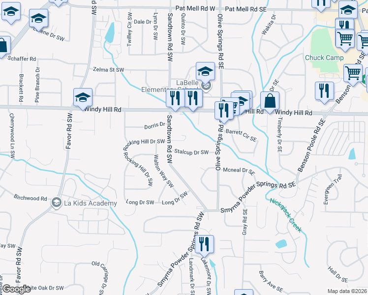 map of restaurants, bars, coffee shops, grocery stores, and more near 106 Stalcup Drive Southwest in Marietta