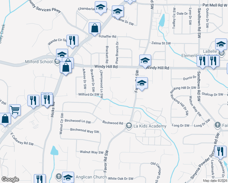 map of restaurants, bars, coffee shops, grocery stores, and more near 2530 Amberwood Drive Southwest in Marietta