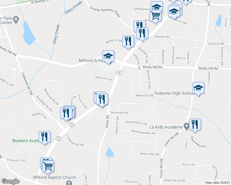 map of restaurants, bars, coffee shops, grocery stores, and more near 2505 Austell Road Southwest in Marietta
