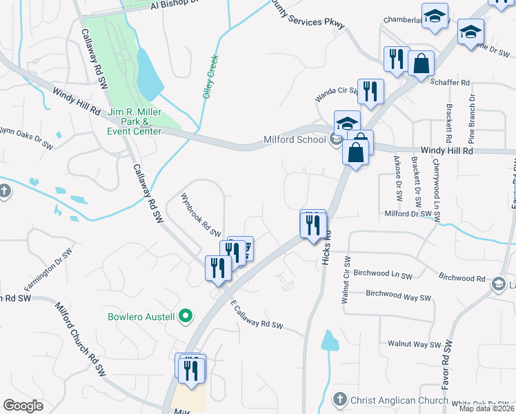 map of restaurants, bars, coffee shops, grocery stores, and more near 2495 Dorothy Drive Southwest in Marietta