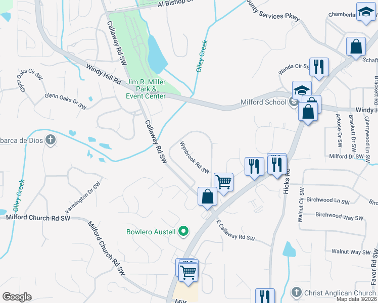 map of restaurants, bars, coffee shops, grocery stores, and more near 1186 Wynbrook Road Southwest in Marietta