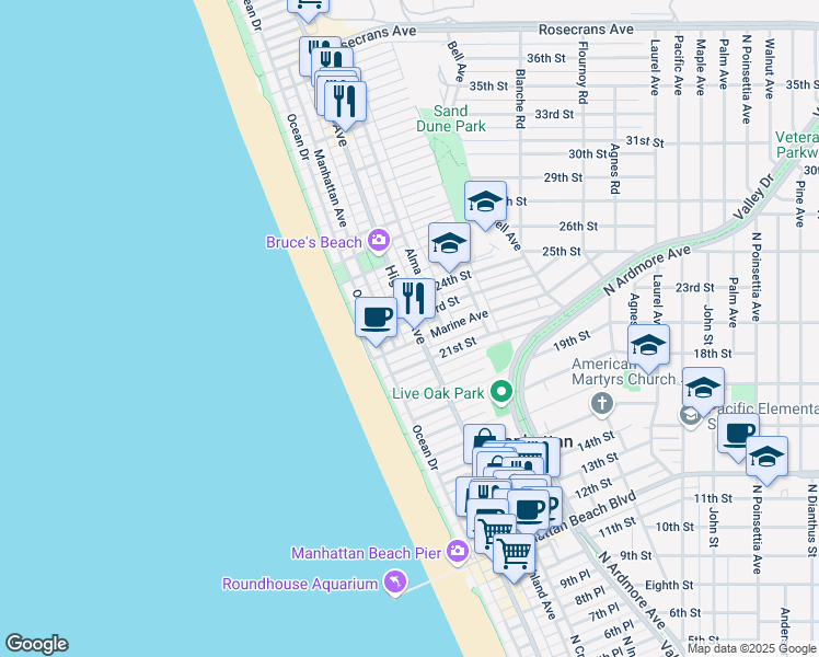 map of restaurants, bars, coffee shops, grocery stores, and more near 229 Marine Place in Manhattan Beach