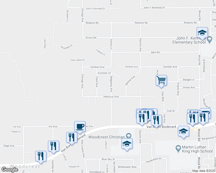 map of restaurants, bars, coffee shops, grocery stores, and more near 15671 Ridgeway Avenue in Riverside
