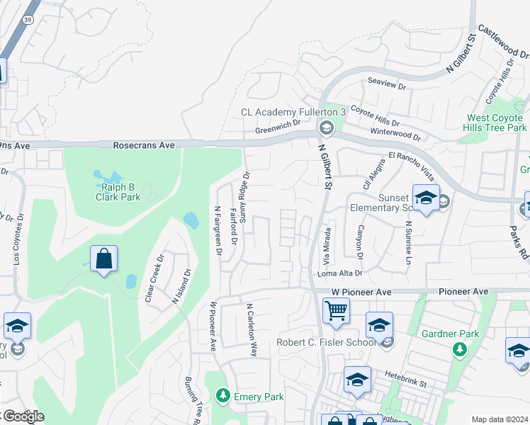 map of restaurants, bars, coffee shops, grocery stores, and more near 1736 Kingham Way in Fullerton