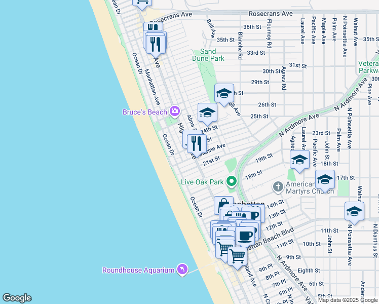 map of restaurants, bars, coffee shops, grocery stores, and more near 229 Marine Place in Manhattan Beach
