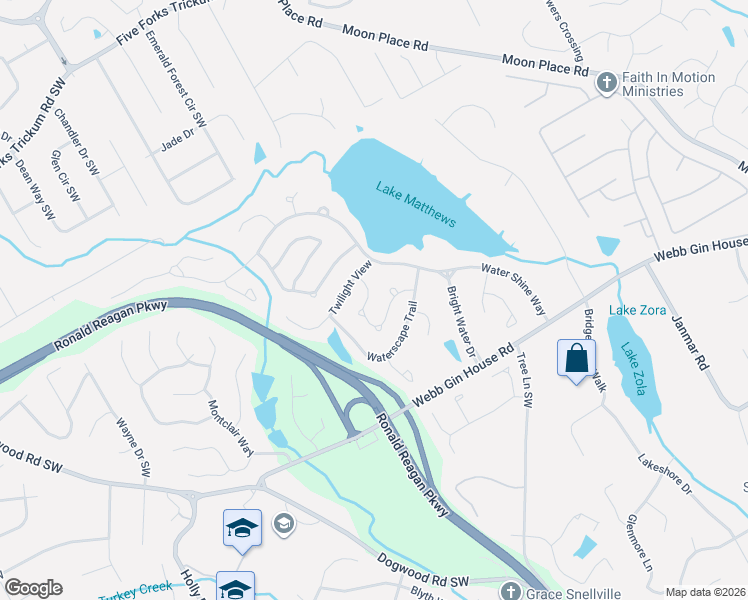 map of restaurants, bars, coffee shops, grocery stores, and more near 1142 White Cloud Ridge in Snellville