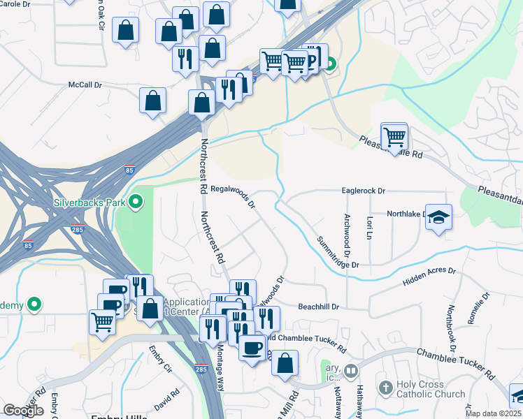map of restaurants, bars, coffee shops, grocery stores, and more near 3473 Regalwoods Drive in Atlanta