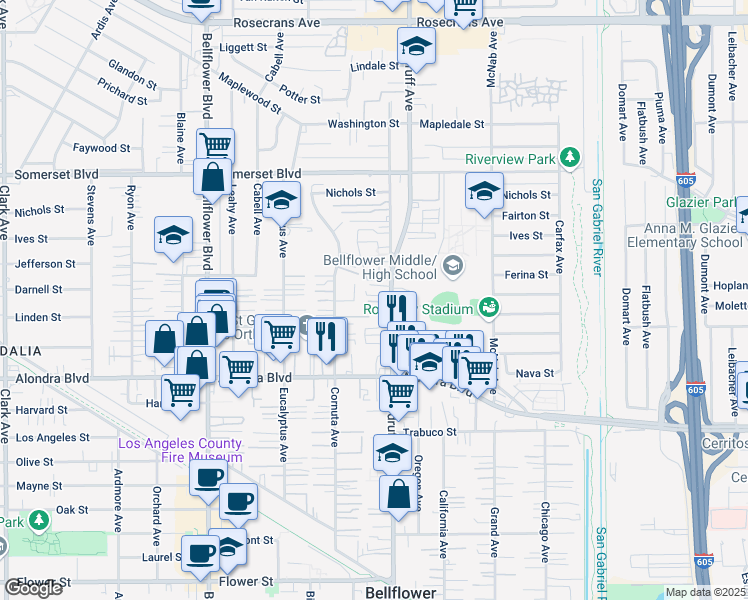 map of restaurants, bars, coffee shops, grocery stores, and more near 15531 Woodruff Avenue in Bellflower