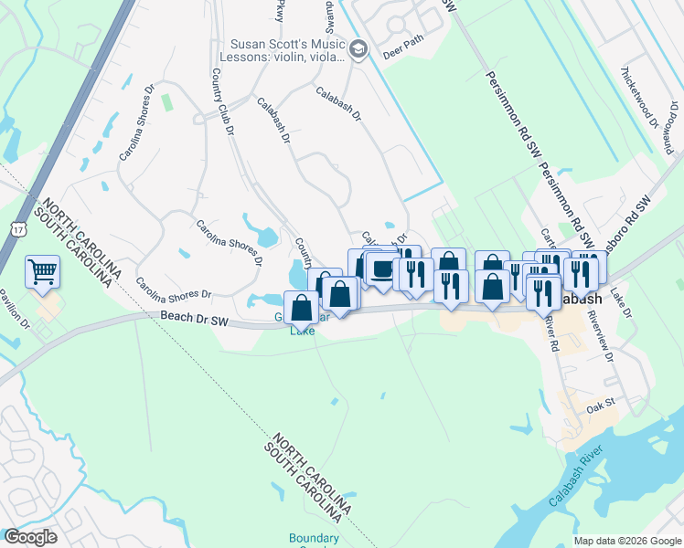 map of restaurants, bars, coffee shops, grocery stores, and more near 9 Putter Place in Carolina Shores