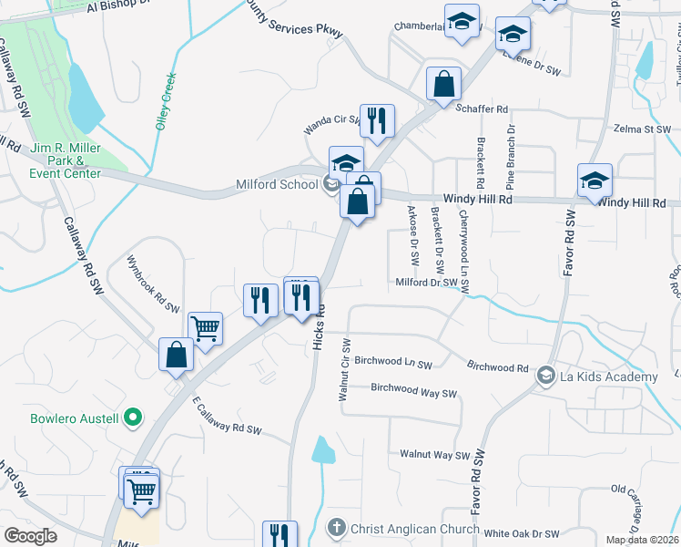 map of restaurants, bars, coffee shops, grocery stores, and more near 2505 Austell Road Southwest in Marietta