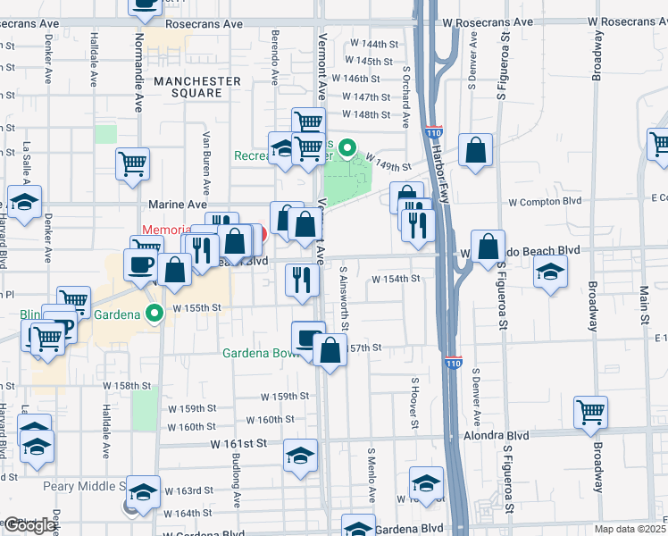 map of restaurants, bars, coffee shops, grocery stores, and more near 842 Redondo Beach Boulevard in Gardena