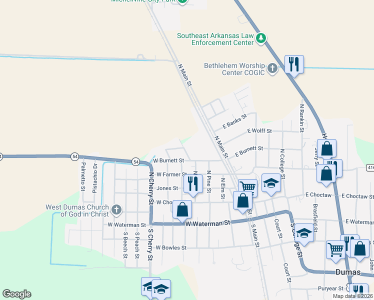 map of restaurants, bars, coffee shops, grocery stores, and more near 405 West Banks Street in Dumas