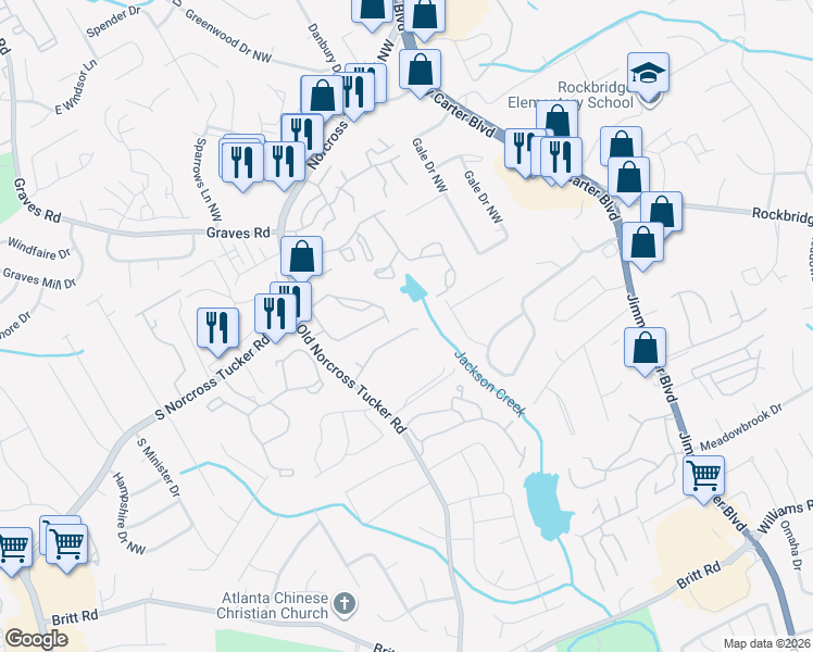 map of restaurants, bars, coffee shops, grocery stores, and more near 6345 Glenbrook Drive Northwest in Tucker