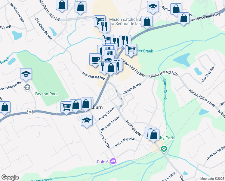 map of restaurants, bars, coffee shops, grocery stores, and more near 346 Main Street Northwest in Lilburn