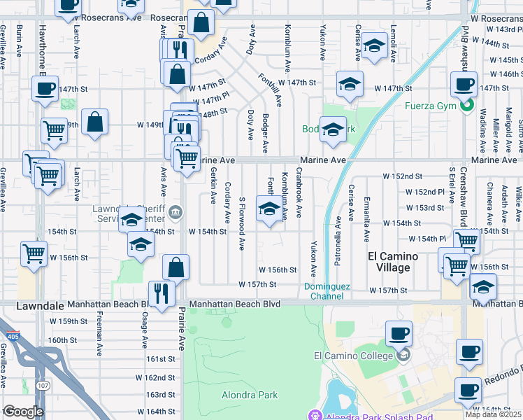map of restaurants, bars, coffee shops, grocery stores, and more near 15229 Doty Avenue in Lawndale