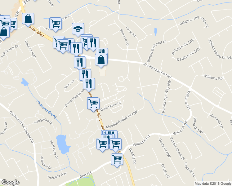 map of restaurants, bars, coffee shops, grocery stores, and more near 6056 WinterGreen Road Northwest in Norcross