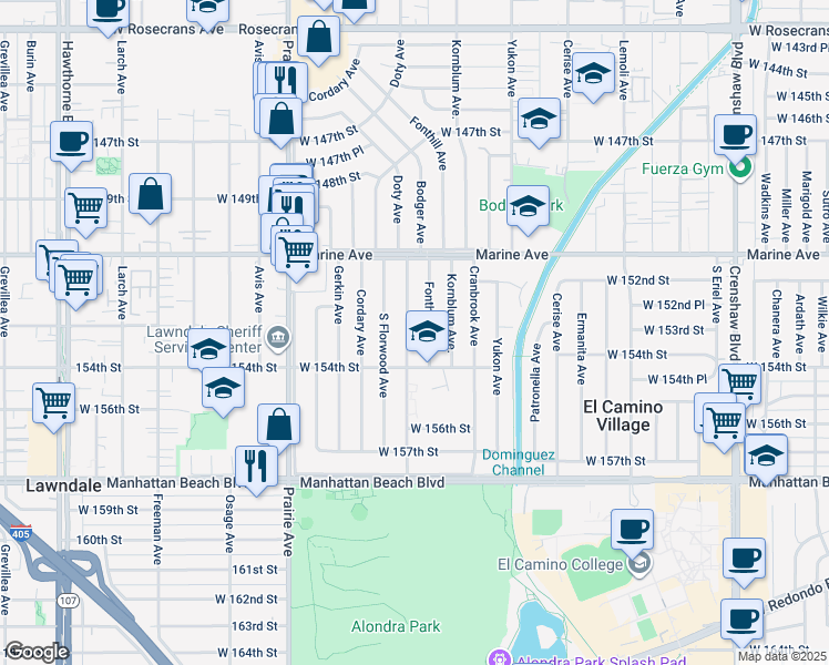 map of restaurants, bars, coffee shops, grocery stores, and more near 15302 Doty Avenue in Lawndale