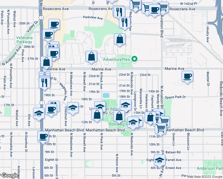 map of restaurants, bars, coffee shops, grocery stores, and more near 1540 21st Street in Manhattan Beach