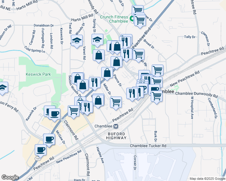 map of restaurants, bars, coffee shops, grocery stores, and more near 5305 Peachtree Industrial Boulevard in Chamblee