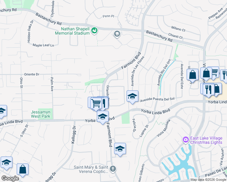 map of restaurants, bars, coffee shops, grocery stores, and more near 19822 Sienna Lane in Yorba Linda