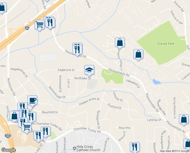 map of restaurants, bars, coffee shops, grocery stores, and more near 3466 Northlake Way in Doraville