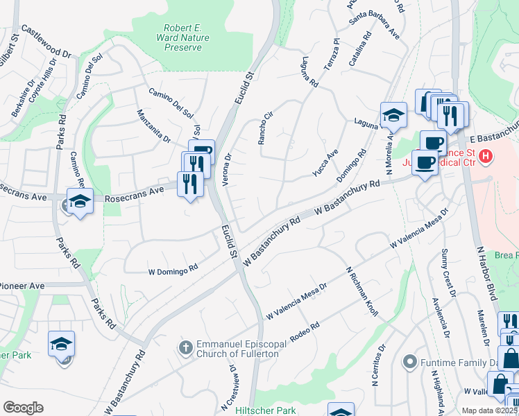 map of restaurants, bars, coffee shops, grocery stores, and more near 2000 Redondo Place in Fullerton