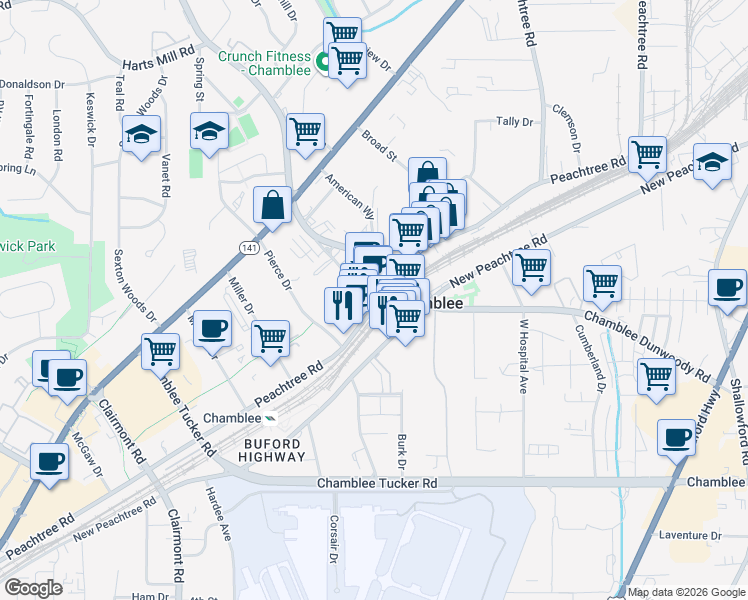map of restaurants, bars, coffee shops, grocery stores, and more near 3477 Chamblee Dunwoody Way in Chamblee