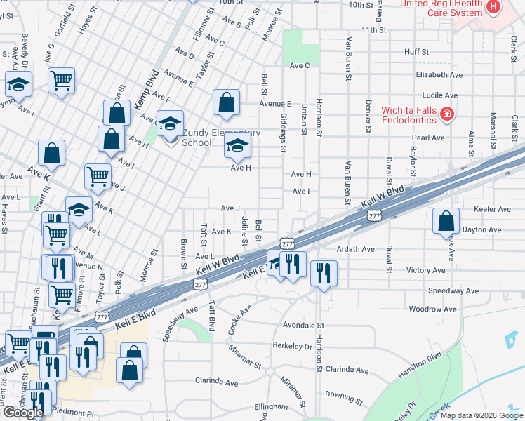 map of restaurants, bars, coffee shops, grocery stores, and more near 2134 Avenue J in Wichita Falls