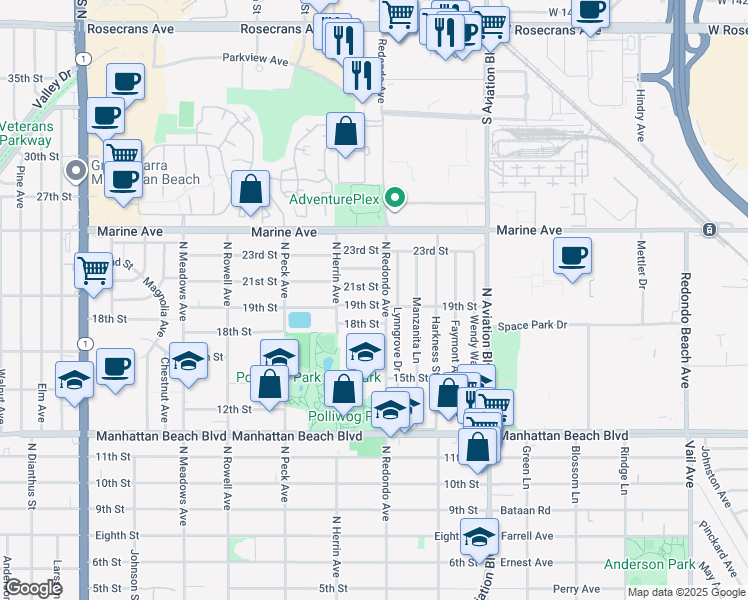 map of restaurants, bars, coffee shops, grocery stores, and more near 1641 19th Street in Manhattan Beach