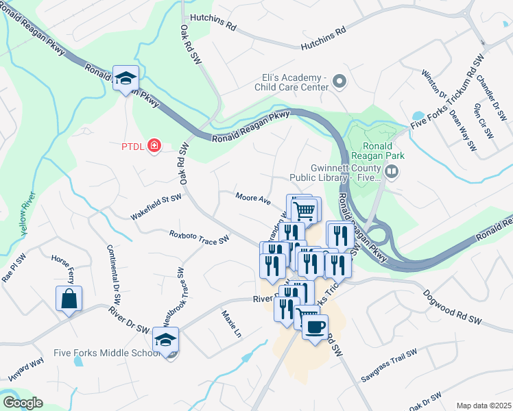 map of restaurants, bars, coffee shops, grocery stores, and more near 2973 Moore Avenue in Lawrenceville