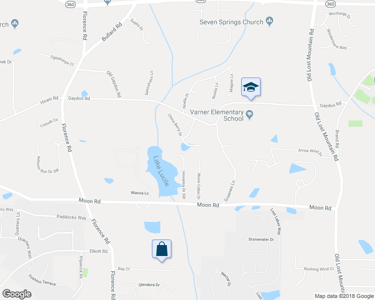 map of restaurants, bars, coffee shops, grocery stores, and more near 4895 China Berry Drive in Powder Springs