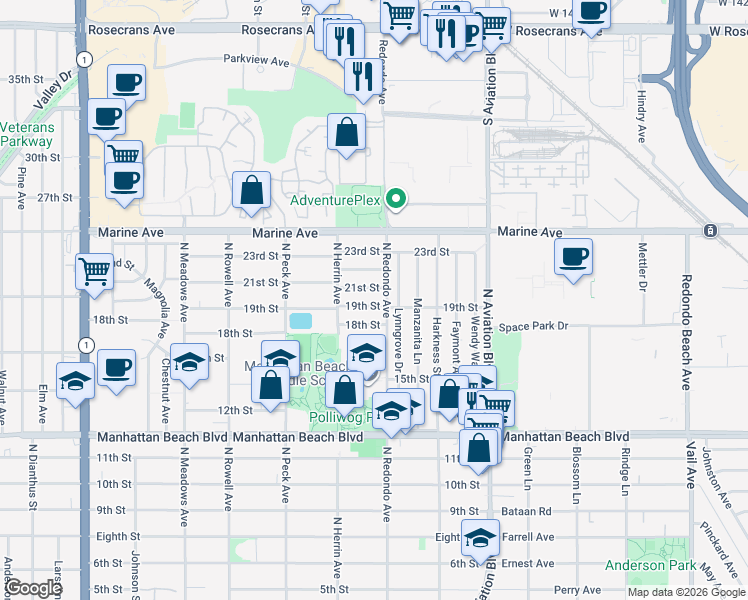 map of restaurants, bars, coffee shops, grocery stores, and more near 1641 19th Street in Manhattan Beach