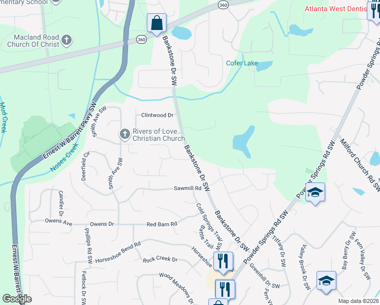 map of restaurants, bars, coffee shops, grocery stores, and more near 2509 Bankstone Drive Southwest in Marietta