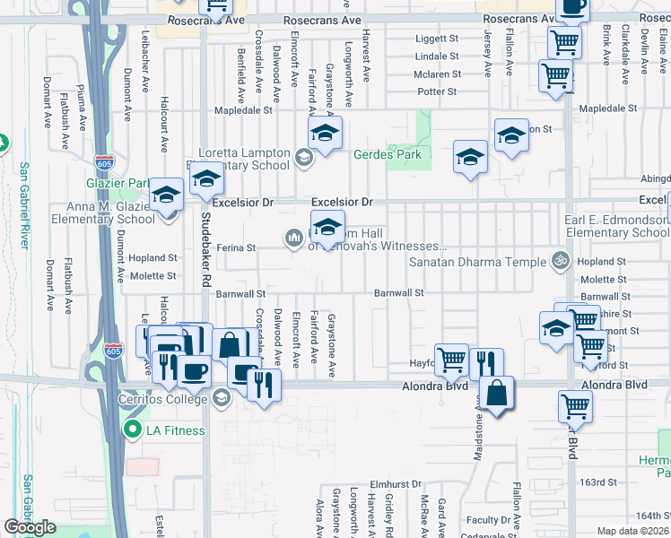 map of restaurants, bars, coffee shops, grocery stores, and more near 15227 Graystone Avenue in Norwalk
