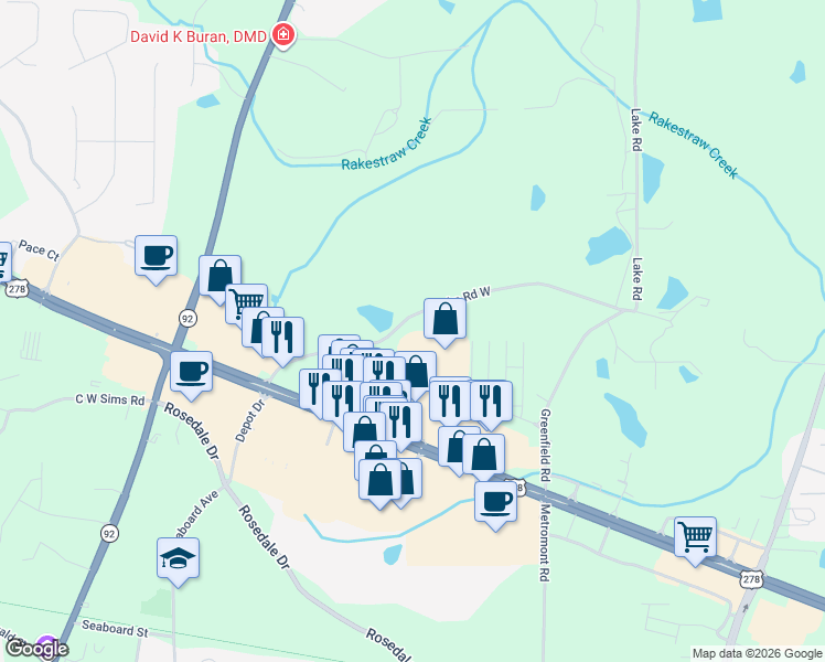 map of restaurants, bars, coffee shops, grocery stores, and more near 1671 Lake Road West in Hiram