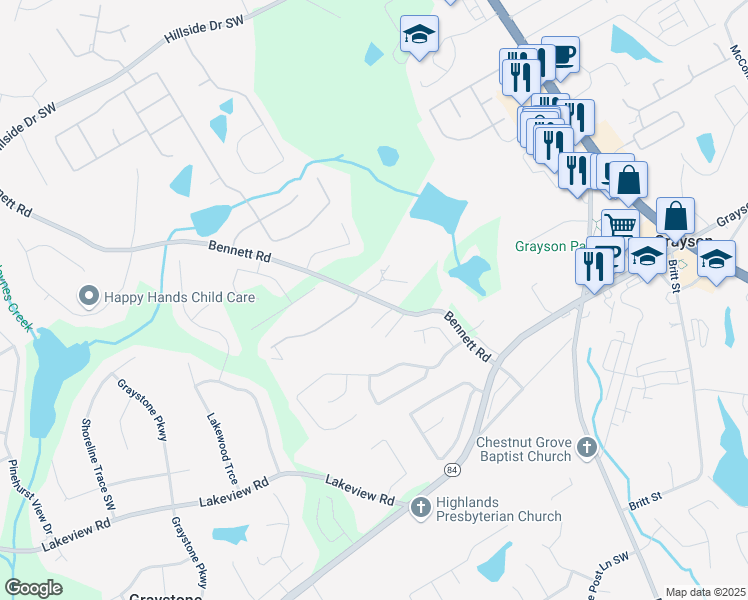 map of restaurants, bars, coffee shops, grocery stores, and more near 1952-1990 Bennett Road in Grayson
