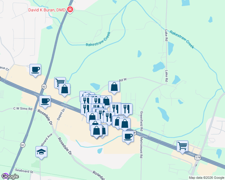map of restaurants, bars, coffee shops, grocery stores, and more near 1553 Lake Road West in Hiram
