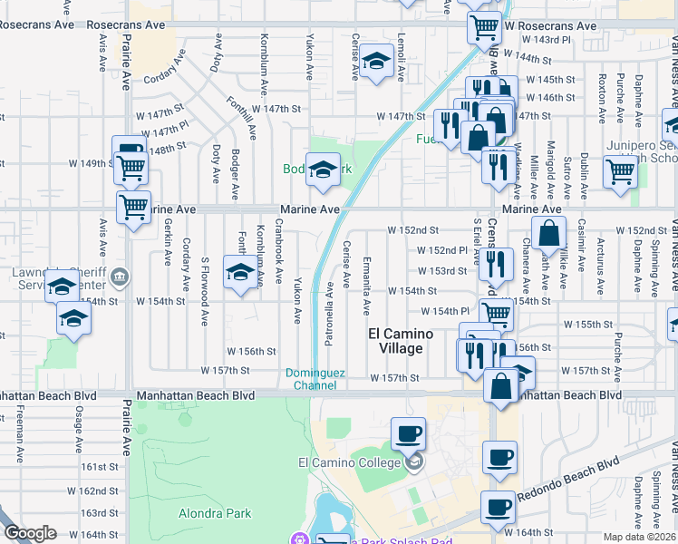 map of restaurants, bars, coffee shops, grocery stores, and more near 15320 Patronella Avenue in Gardena